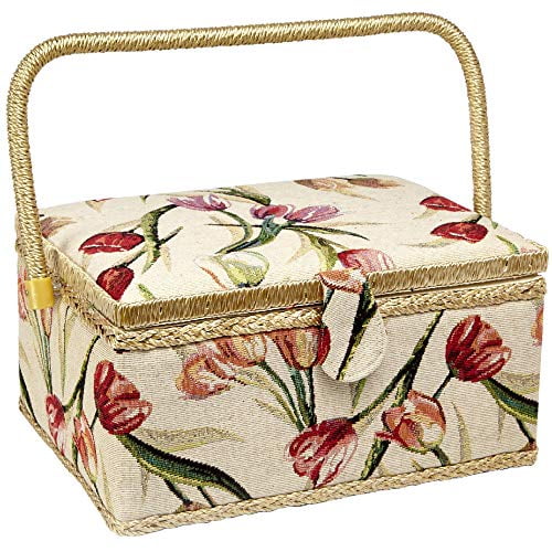 Sewing Basket with Tulip Floral Print Design- Sewing Kit Storage Box with Removable Tray, Built-in Pin Cushion and Interior Pocket - Large - 12" x 9" x 6" - by Adolfo Design