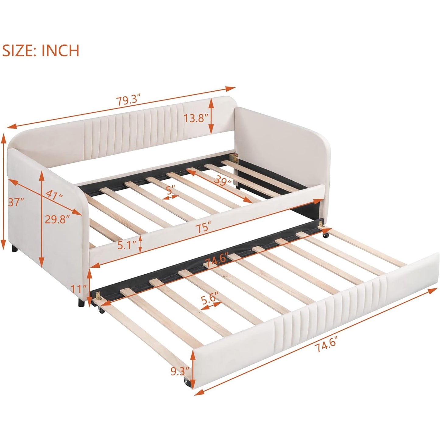 Neretva Twin Daybed with Trundle, Velvet Upholstered Daybed Frame with Backrest and Armrests,Wood Slat Support,No Box Spring Needed, Beige