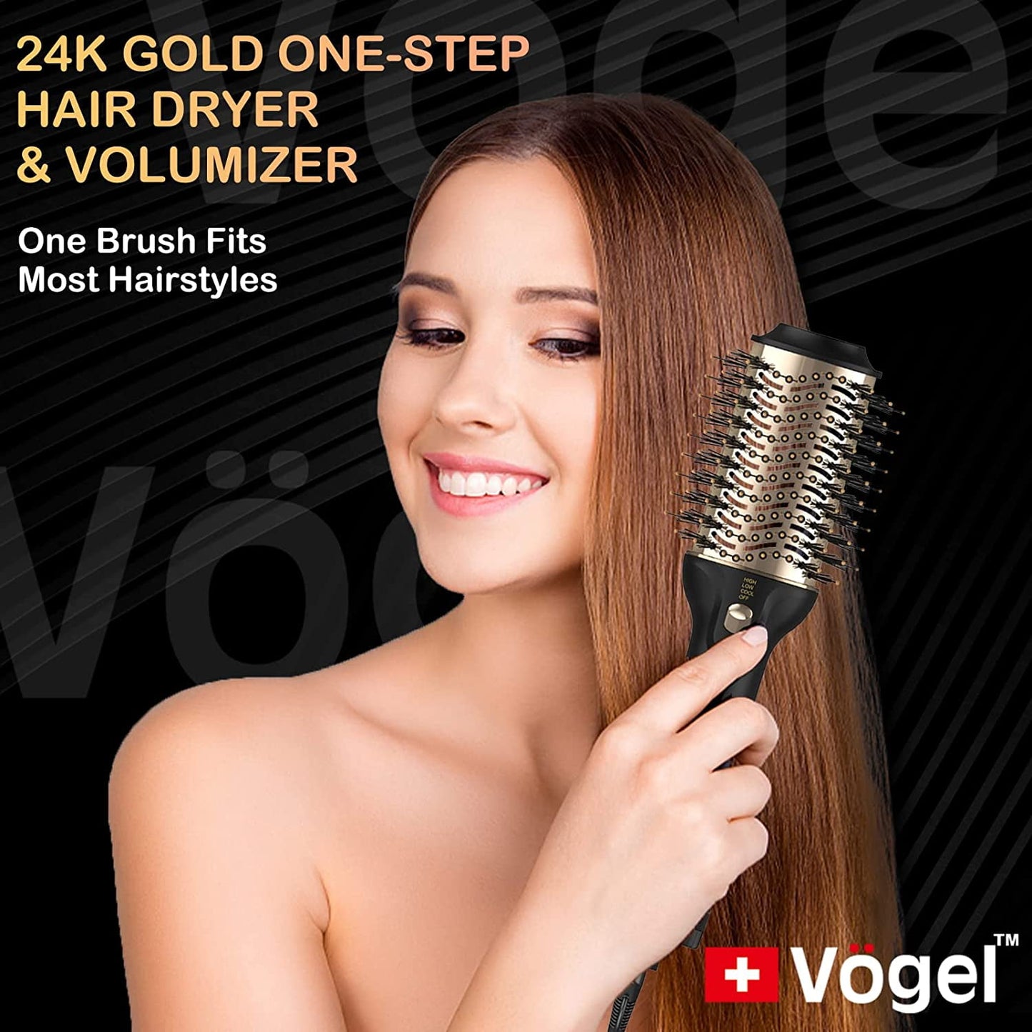 Vögel Nano Titanium Hot Air Brush & Hair Dryer - One Step Volumizer,Professional Blowout for Style and Dry,Incl Clips, Gloves,Gold