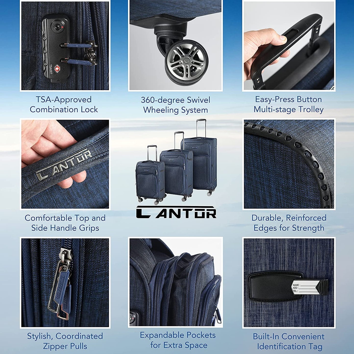 Cantor Ultra Lightweight Softside Luggage with Spinner Wheels,Navy, Set of 3, , and Interlocking Zippers with TSA Lock