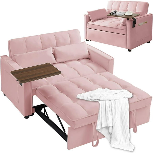 Neretva 3 in 1 Sleeper Sofa Couch Bed, Modern Velvet Convertible Upholstered Sofa Bed for Living Room Bedroom, Pink