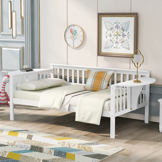 Neretva Twin Size Daybed, Wooden Twin Daybed Frame with Small Foldable Table, No Box Spring Needed, White