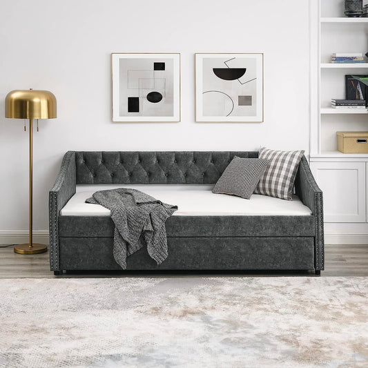 Neretva Twin Size Upholstery Daybed with Twin Size Trundle and Headboard, Sofa Bed with Button for Living Room and Bedroom, Grey