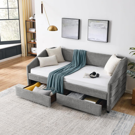 Neretva Upholstered Daybed, Twin Size Tufted Linen Fabric Sofa Bed with 2 Drawers, No Box Spring Needed, Grey