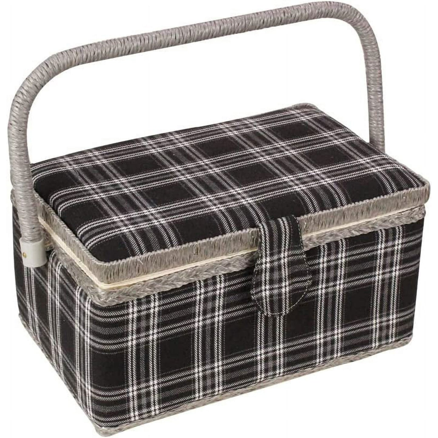 Sewing Basket with Floral Print Design - Sewing Kit Storage Box with Removable Tray, Built-in Pin Cushion and Interior Pocket - by Adolfo Design (Medium - 11" x 7" x 5.5", Black Plaid)