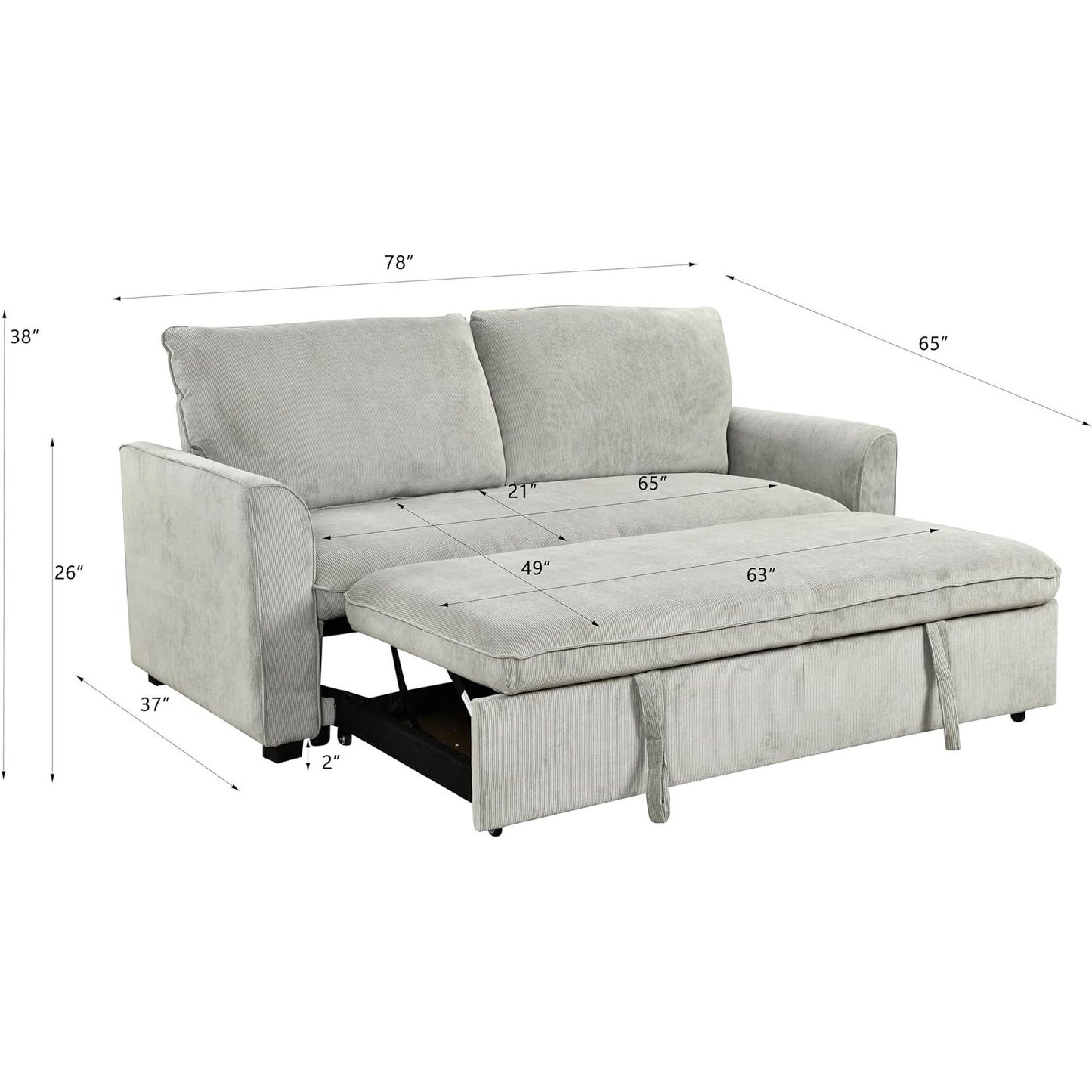 Neretva 78 Inch 3 in 1 Convertible Queen Sleeper Sofa Bed, Pull Out Bed and Adjustable Backrest for Living Room, Apartment Gray