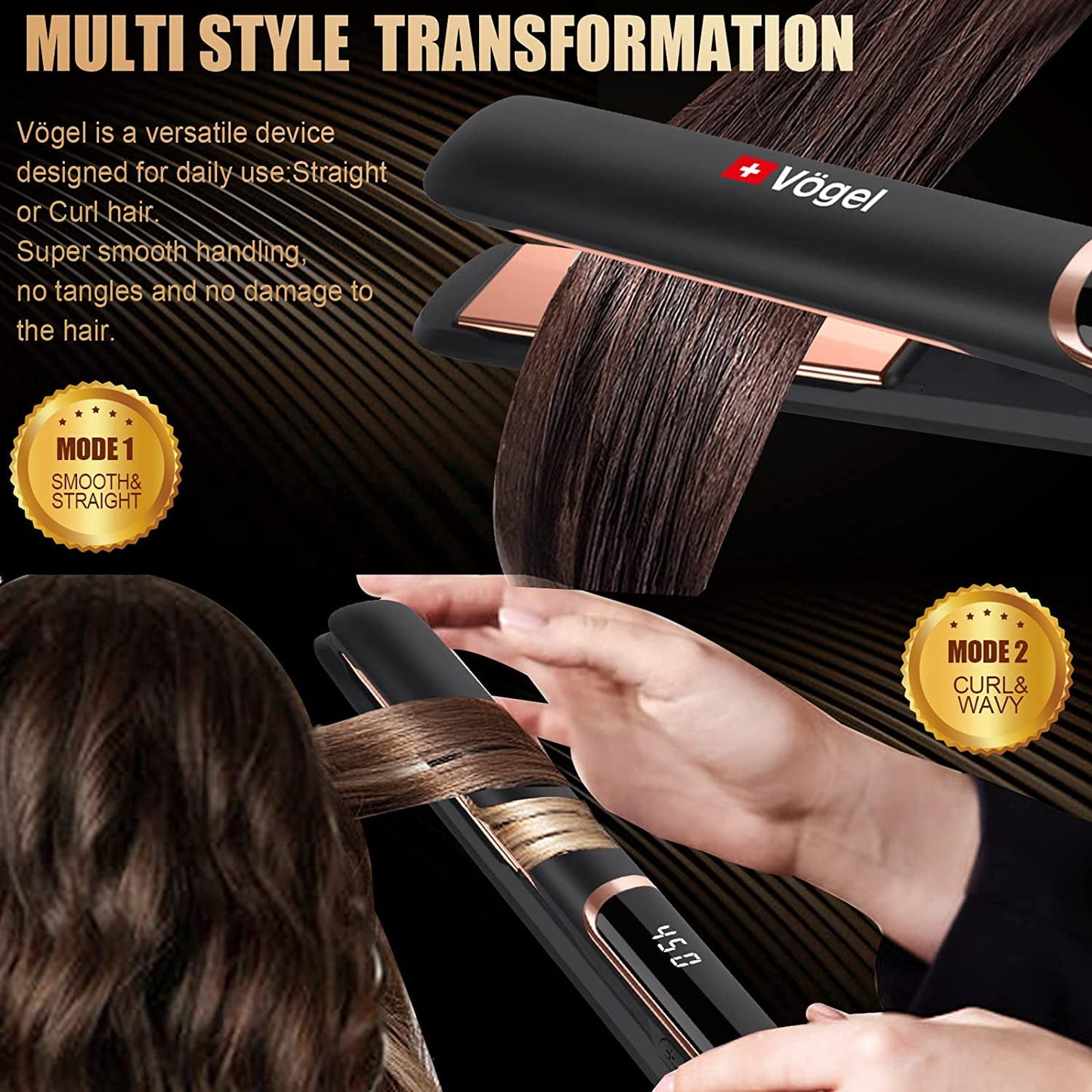 Vögel Nano Titanium Hair Straightener Flat Iron-Professional Hair Straightener and Curler 2 in 1, Fast Heating Ionic Flat Iron Hair Straightener, Dual Voltage 1 Inch Hair Iron Incl Gloves, Argan Oil