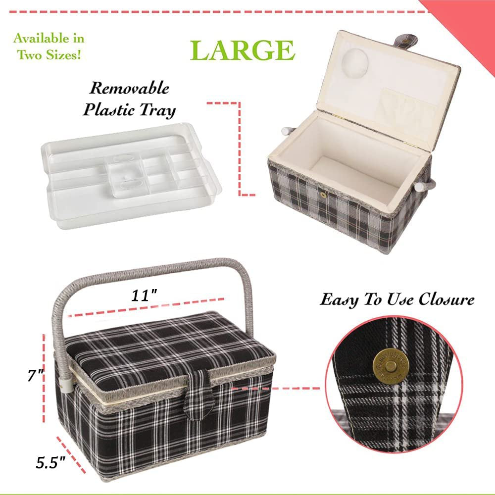 Sewing Basket with Floral Print Design - Sewing Kit Storage Box with Removable Tray, Built-in Pin Cushion and Interior Pocket - by Adolfo Design (Medium - 11" x 7" x 5.5", Black Plaid)