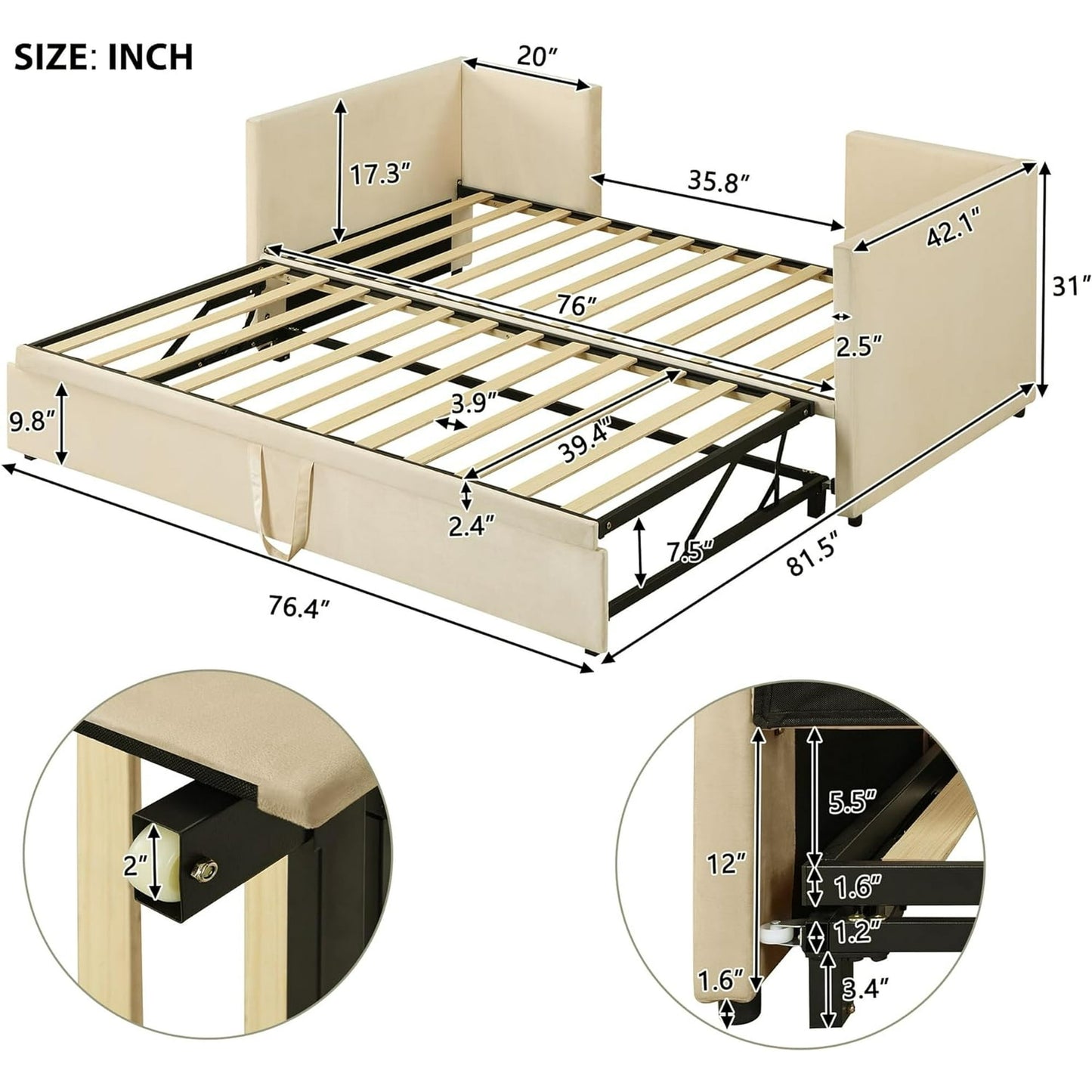 Neretva Twin Size Corduroy Daybed with Two Drawers,Upholstered Bed Frame for Bedroom,Guest Room,Beige,Beige