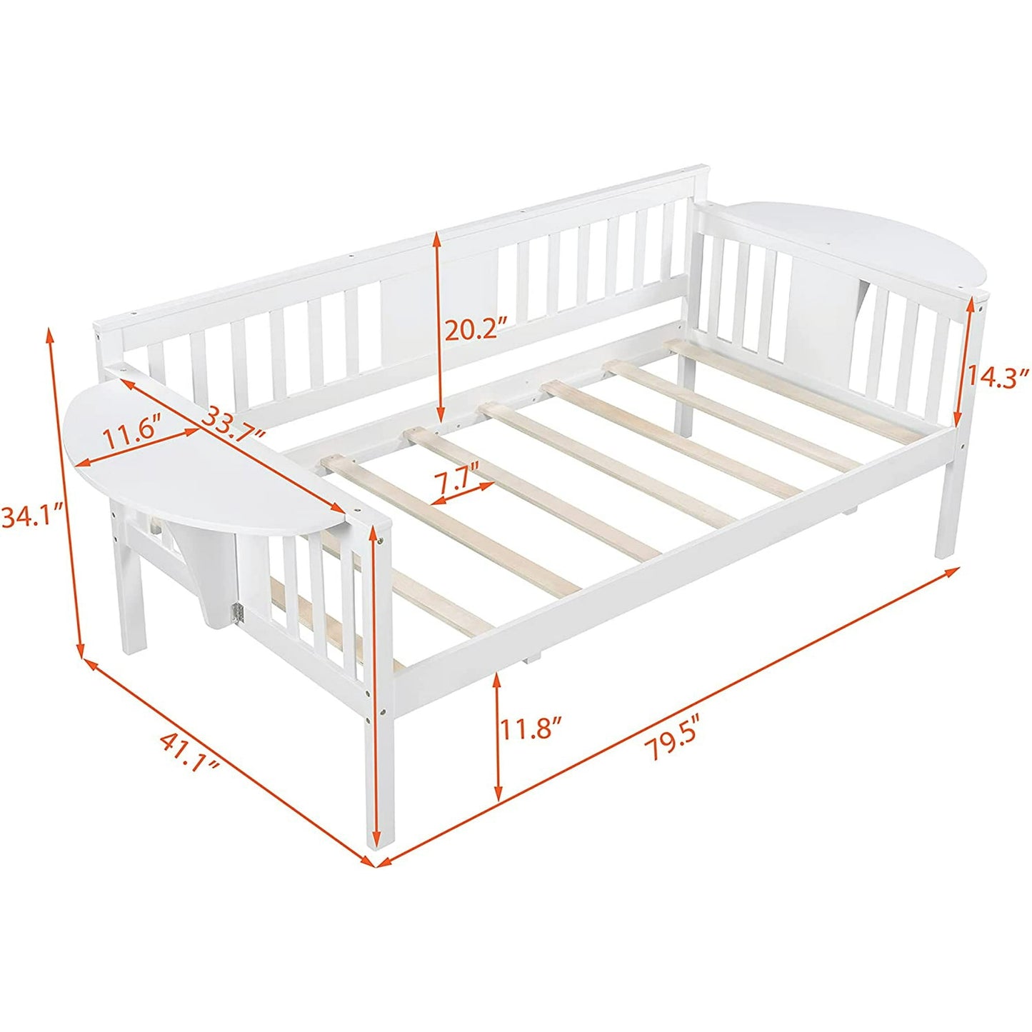 Neretva Twin Size Daybed, Wooden Twin Daybed Frame with Small Foldable Table, No Box Spring Needed, White