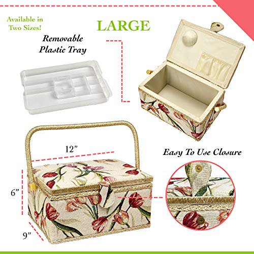 Sewing Basket with Tulip Floral Print Design- Sewing Kit Storage Box with Removable Tray, Built-in Pin Cushion and Interior Pocket - Large - 12" x 9" x 6" - by Adolfo Design